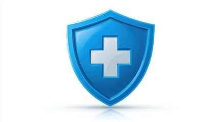Obraz premium Glossy blue shield with white cross symbolizing healthcare protection, insurance, and medical safety on a clean white background with subtle reflection