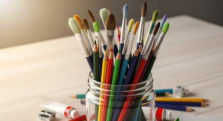 Art supplies like brushes and colored pencils in a
