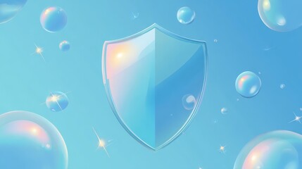 Protective glass shield gleaming with soap bubbles, symbolizing cleanliness, safety, and security against light blue background