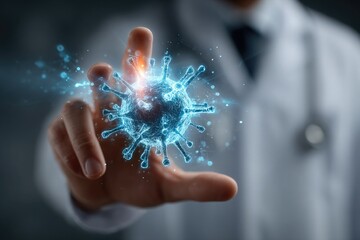 Close-up of a doctor's hands in a white coat showing a blue hologram of a virus or flu molecule. Digital technology and medicine