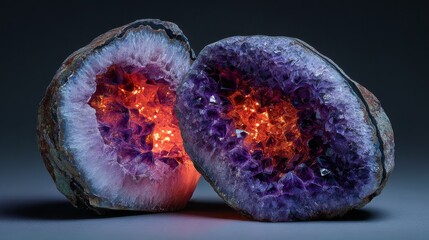 Cracked geode reveals natural amethyst crystals glowing in purple symmetry, raw beauty split open with quiet wonder.
