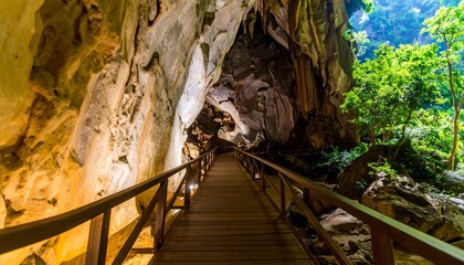 A wooden walkway through a cave, leading to a lush jungle