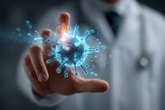 Close-up of a doctor's hands in a white coat showing a blue hologram of a virus or flu molecule. Digital technology and medicine