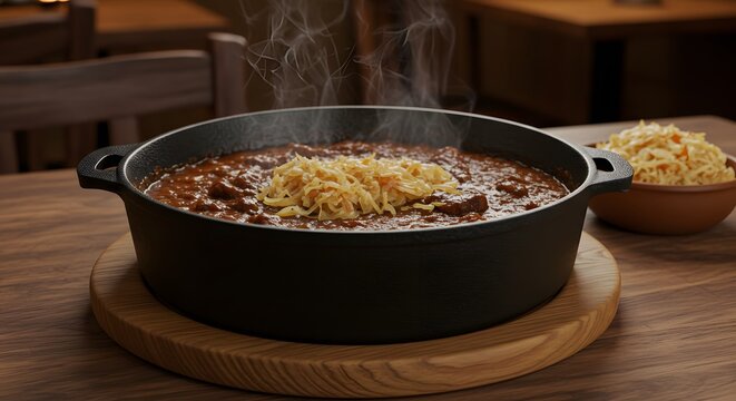 An iron pot of jota with sauerkraut on a restaurant table