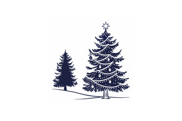 Obraz premium Two snow covered pine trees in winter landscape with christmas lights and star silhouette