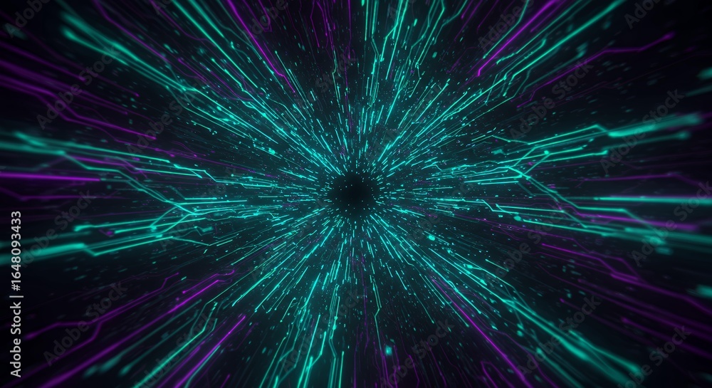 Poster abstract digital technology tunnel with cyan and purple light streaks radiating from center, futuris