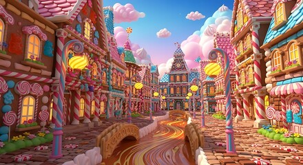 Fototapeta premium Candy themed fantasy street with pastel buildings