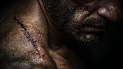 Deep scar on warrior’s shoulder tells a silent story of battle pain and survival etched in rugged skin.