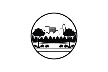 City skyline with trees and buildings in a circular landscape silhouette