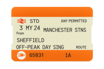 British train ticket from sheffield to manchester stations on transparent background