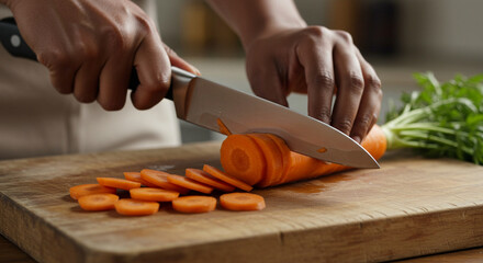 A person slicing a carrot on a wooden cutting board with a sharp kitchen knife