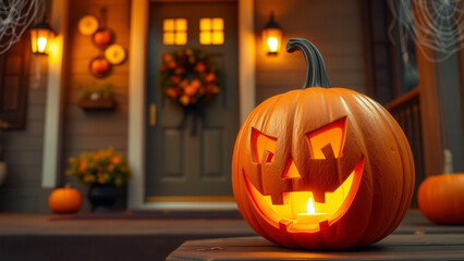Geschnitzter K&uuml;rbis auf einer Veranda als Dekoration f&uuml;r Halloween