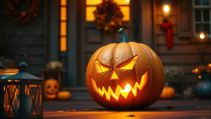 Geschnitzter K&uuml;rbis auf einer Veranda als Dekoration f&uuml;r Halloween