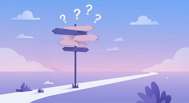 Directional crossroads signpost with multiple colorful arrow signs and question marks on scenic mountain landscape background - Powered by Adobe