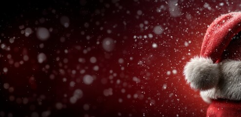 Santa hat on red background with falling snow. The text space makes it ideal for holiday cards, promotions and announcements. Christmas and New Year concept.