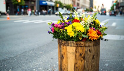 Colorful bouquet in wooden planter on city street