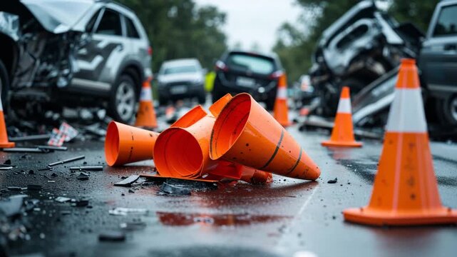 Wrecked vehicles and scattered orange cones on a wet road after a traffic collision incident seen