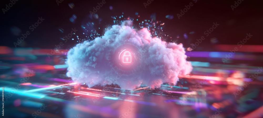 Poster [the cloud with neon lock symbol floating above a digital circuit board representing secure data]