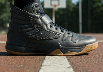 Black leather basketball sneakers with metallic wing details and gum sole on outdoor sports court surface