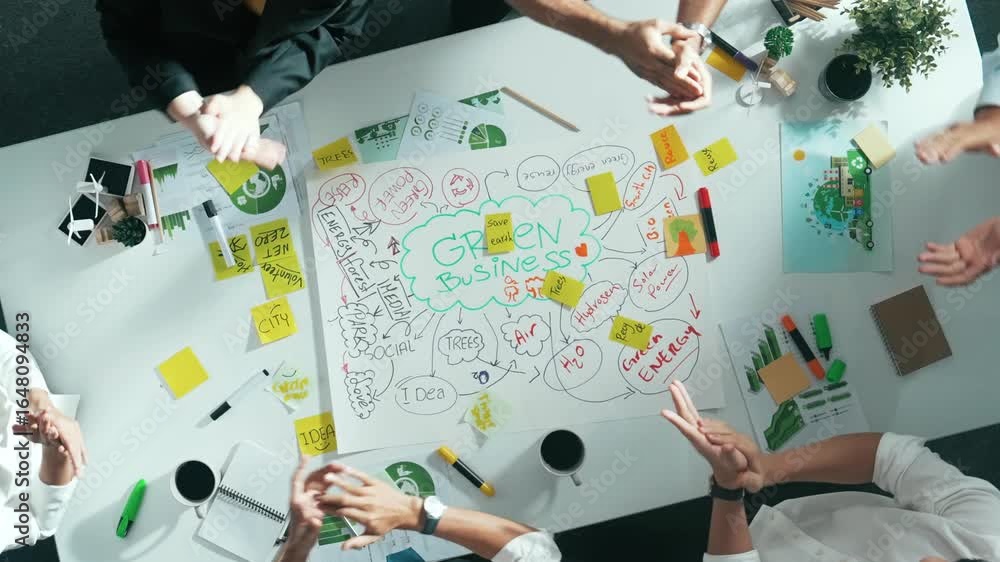 Poster top view of professional business team hands working together to brainstorm environmental idea by us