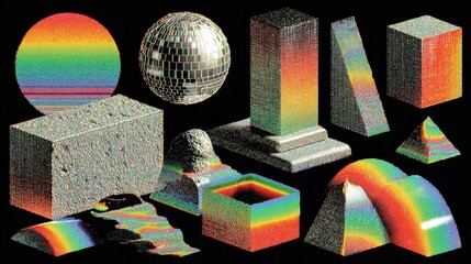 Geometric still life with rainbow, geometric shapes, eye, fruit, and plant life, rendered with grainy texture and stippling technique