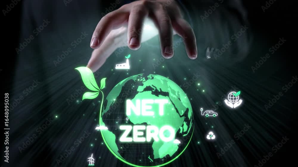 Poster this image illustrates a hand reaching towards a glowing globe with net zero symbols, emphasizing a 