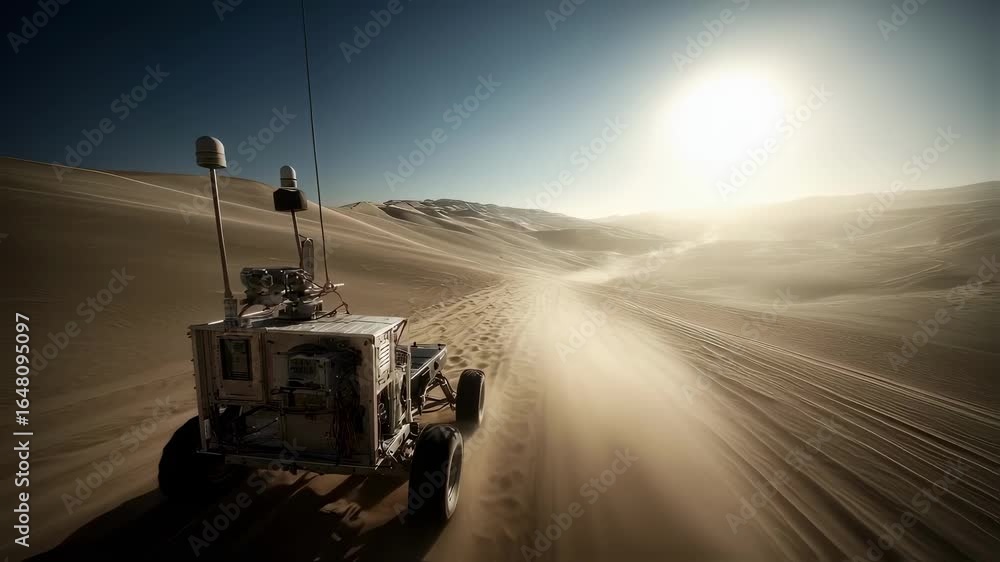 Poster crisp medium shot of an autonomous buggys lidar scanning unit the device in sharp detail as the vast