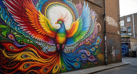 Naklejka premium Colorful street art mural depicting a rainbow phoe