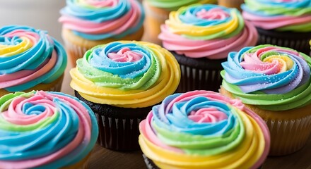 Colorful swirled icing on top of cupcakes