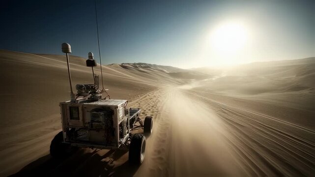 Crisp medium shot of an autonomous buggys lidar scanning unit the device in sharp detail as the vast sunlit sand dunes behind gently blur highlighting dynamic SLAM dataset