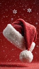 Santa hat on red background with falling snow. The text space makes it ideal for holiday cards, promotions and announcements. Christmas and New Year concept.