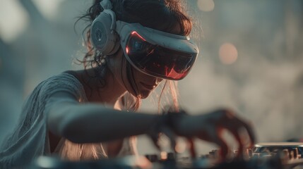 Woman dj playing music with virtual reality headset at a nightclub party in the evening