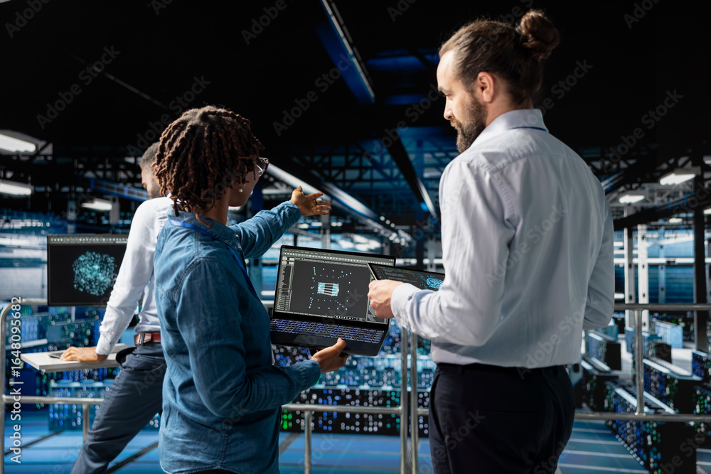 Poster server hub colleagues managing work by reviewing neural network code and llm visualization for datas
