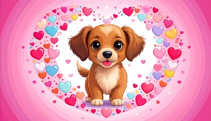 Cute cartoon puppy in a heart-shaped frame of colorful hearts