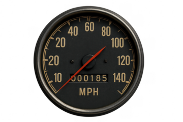Vintage speedometer showing current speed and total mileage on transparent background