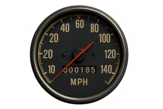 Vintage speedometer showing current speed and total mileage on transparent background