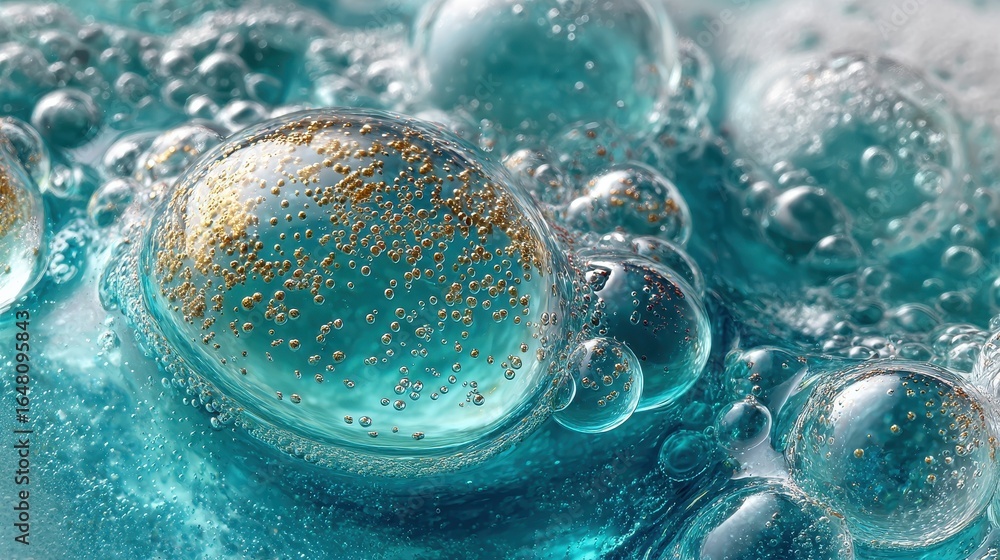Poster close-up of many translucent teal bubbles of different sizes clustered together, with reflected ligh