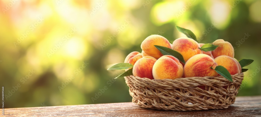 Poster the peaches in a woven basket on rustic wooden table with soft bokeh background