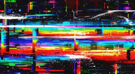 Digital glitch art with color bands and static