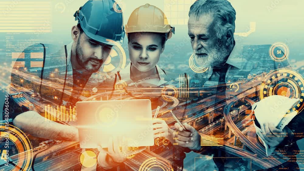 Poster future building construction and inventive engineering project concept with hud hologram graphic des
