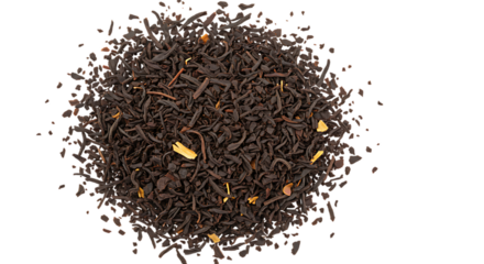 Dark brown loose leaf tea with cinnamon sticks and orange peel