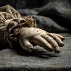 A weathered porcelain doll hand resting on a dark linen cloth, fingers slightly broken.