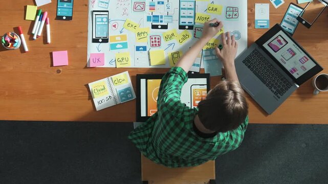 Top view of smart developer working on tablet and writing Ux Ui design for mobile phone interface at note. Manager design software program and sharing idea by using mind map. Time lapse. Convocation.