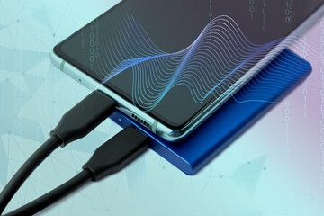 Smartphone connected to SSD with digital grid overlay and flowing data waves. Concept of mobile cloud storage and synchronization. Smart data exchange via external drive and smartphone interface.