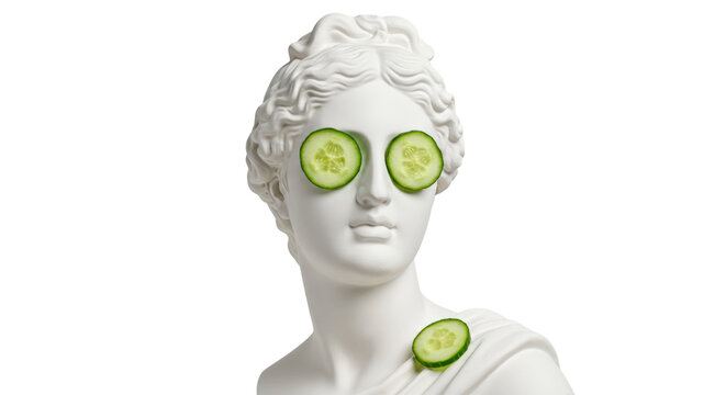 Classical statue with cucumber slices for wellness png isolated on transparent background - Powered by Adobe