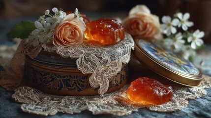 Orange fruit jellies displayed in vintage tin with floral design and white gypsophila