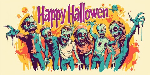 Obraz premium Happy Halloween Halloween Concept Greeting Card with Zombies and Copy, Text. Halloween Post Card with Zombies. Halloween Concept Poster with Copy, Text. Halloween Party Invitation Card.