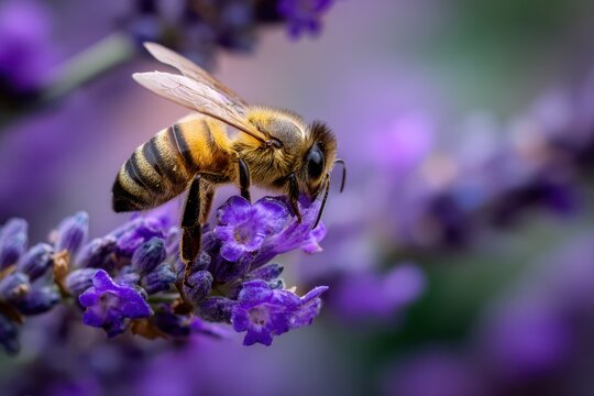 A honeybee on a violet flower gathering nectar - Powered by Adobe