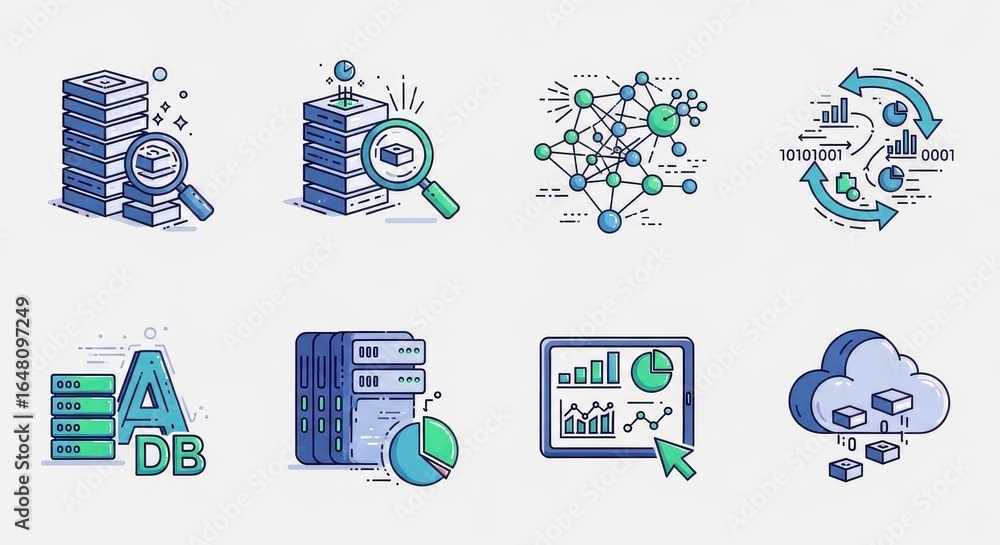 Poster diverse conceptual database and information technology illustrations depicting data processes