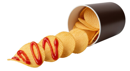Isolated Potato Chips with Ketchup